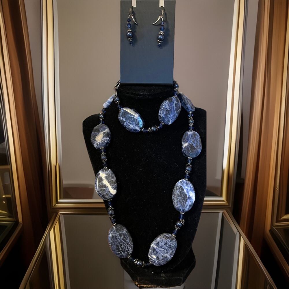 VTG Sodalite Blue White Natural Gemstone Necklace Bracelet Earrings Set Silver
